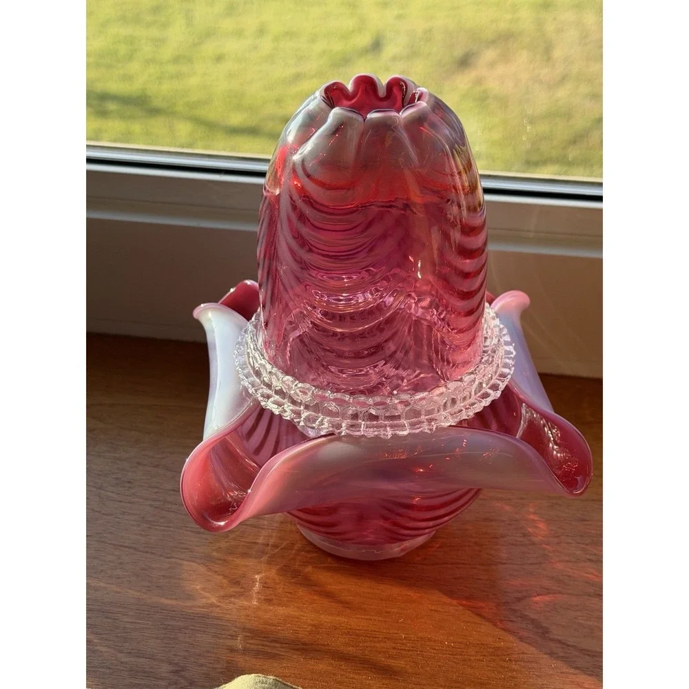 Fenton Fairy Lamp 3 Piece Cranberry Opalescent Swirl Drapery Pattern Candle